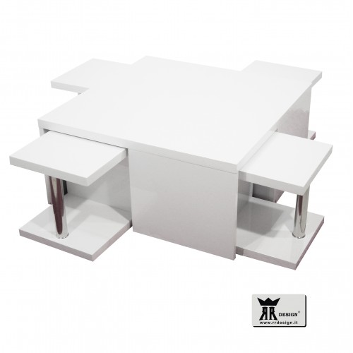 Tavolino salotto soggiorno legno laccato lucido bianco con 4 sgabelli modello Yuri