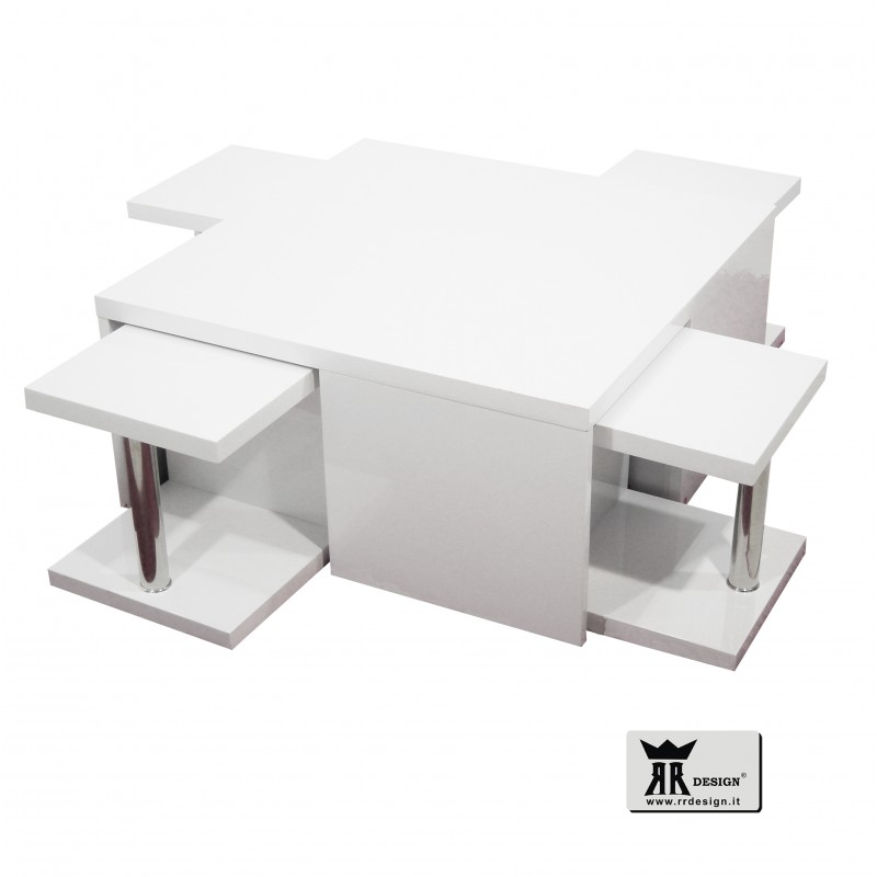 Tavolino salotto soggiorno legno laccato lucido bianco con 4 sgabelli modello Yuri