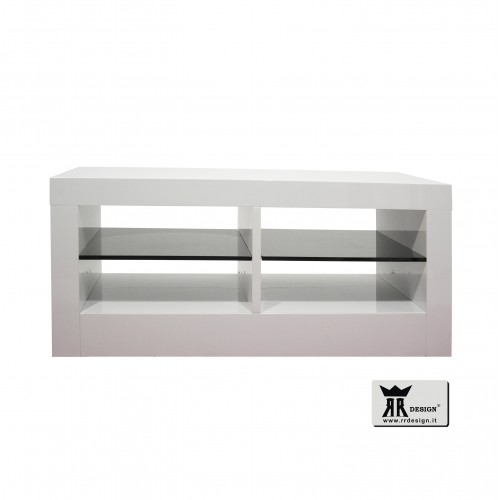 Base porta TV bifacciale laccato lucido bianco con mensole laccato nero modello Sirio
