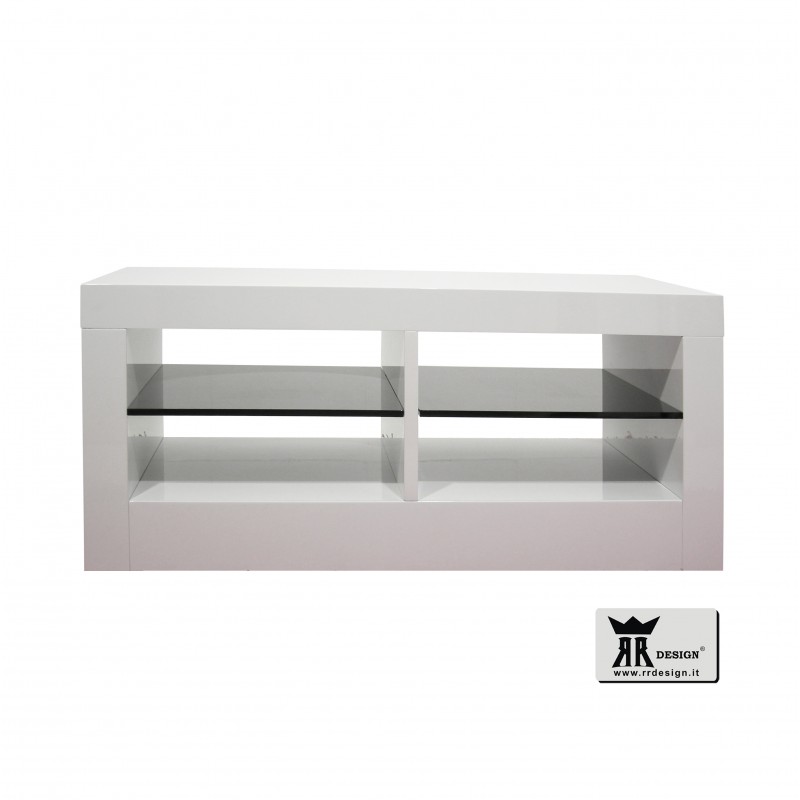 Base porta TV bifacciale laccato lucido bianco con mensole laccato nero modello Sirio